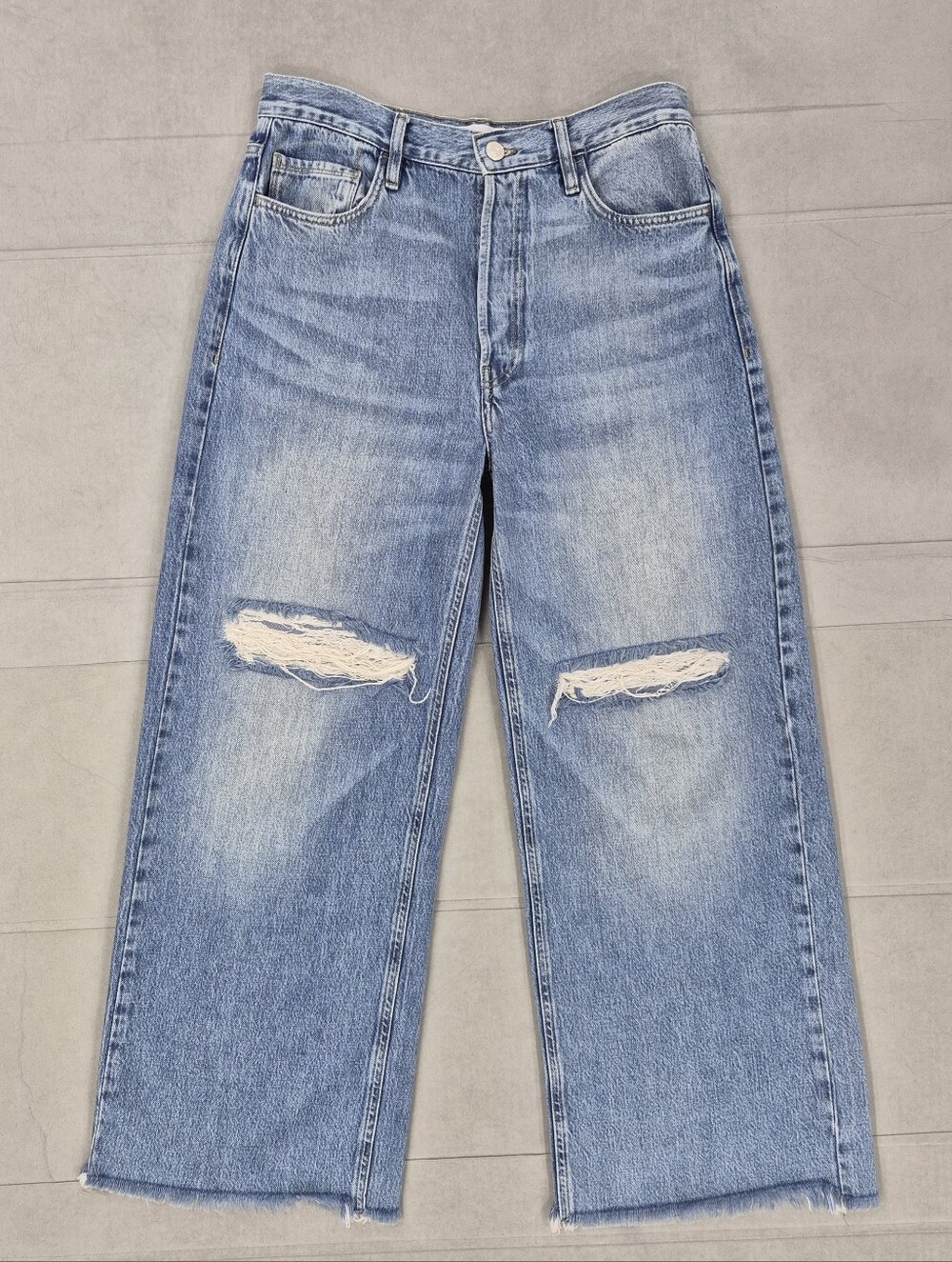 Frame Denim Jeans women's 32x28 light wash high rise wide leg button fly raw hem